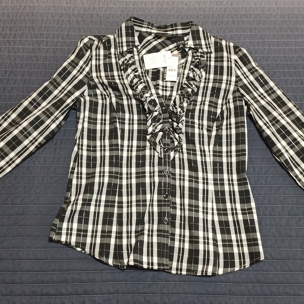 New York & Company Black and White Plaid Button Down Shirt